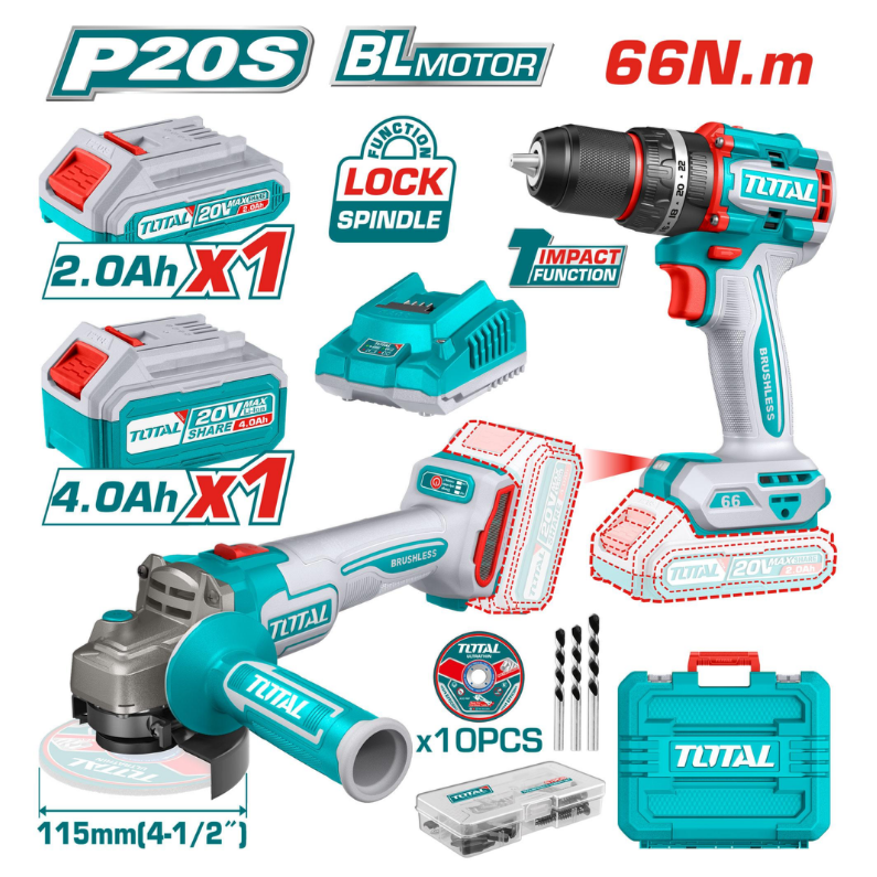 CORDLESS COMBO KIT ANGLE GRINDER AND BRUSHLESS DRILL