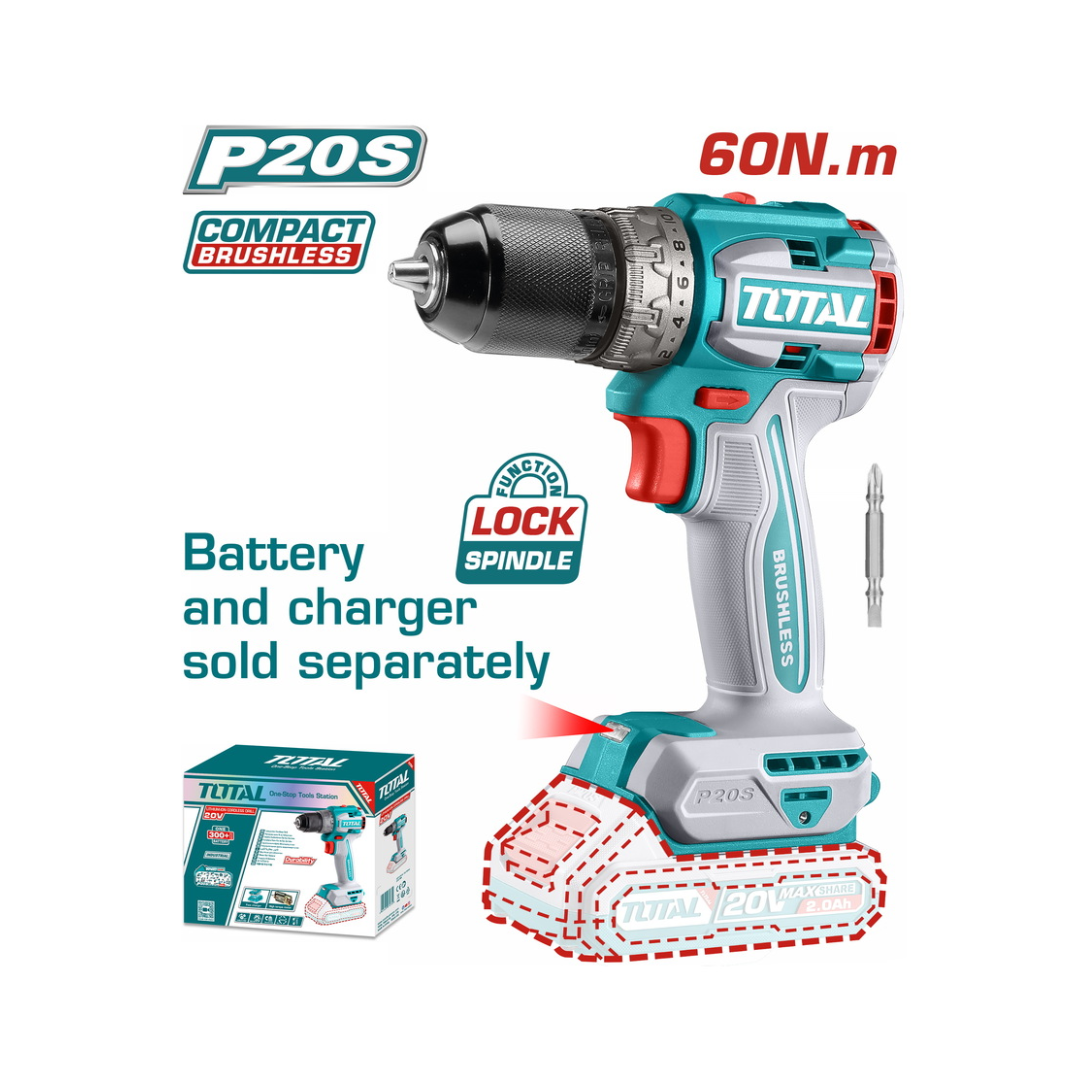 TOTAL 20V DRILL NON IMP 13MM 60NM BRUSHLESS SOLO