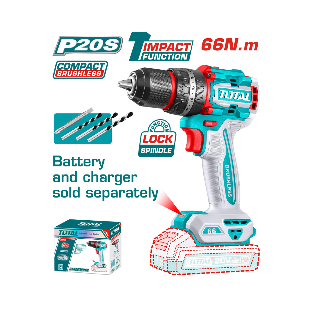 TOTAL 20V Drill Impact 66NM Compact Brushless SOLO