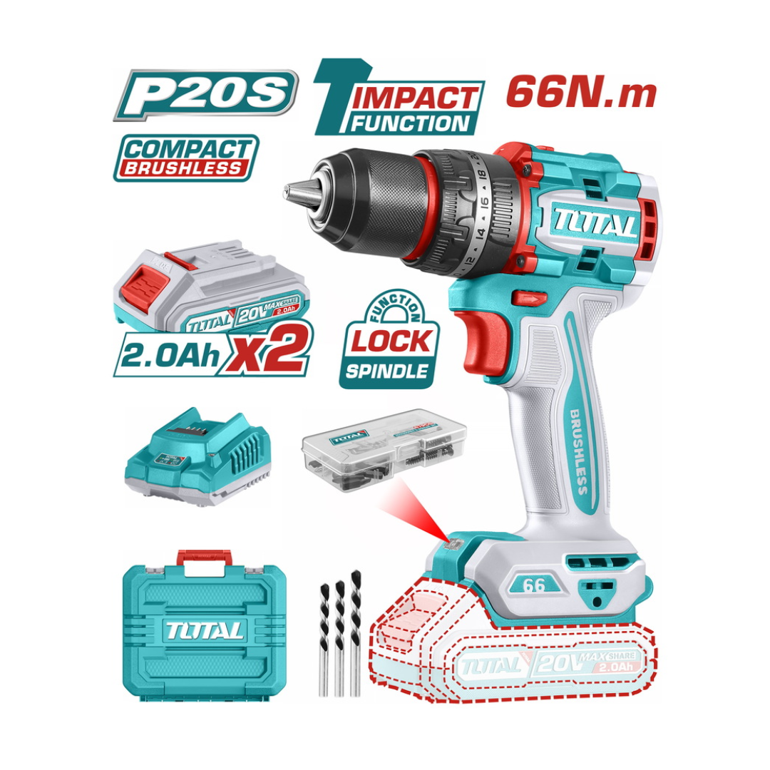 TOTAL 20V DRILL IMPACT 66NM BRUSHLESS CORDLESS