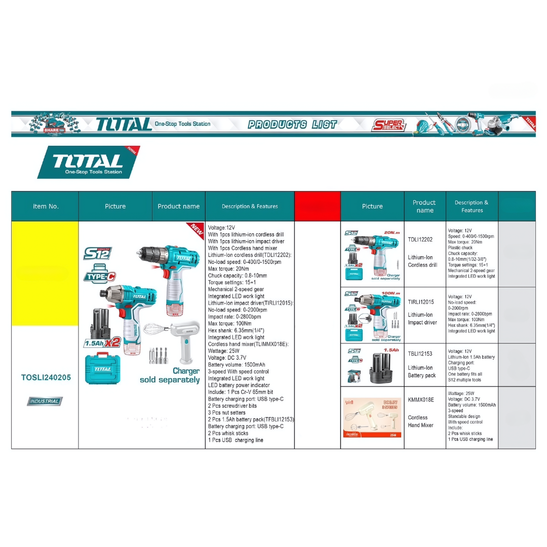 TOTAL 12V COMBO 3PC DRILL, I/DRIVER, MIXER