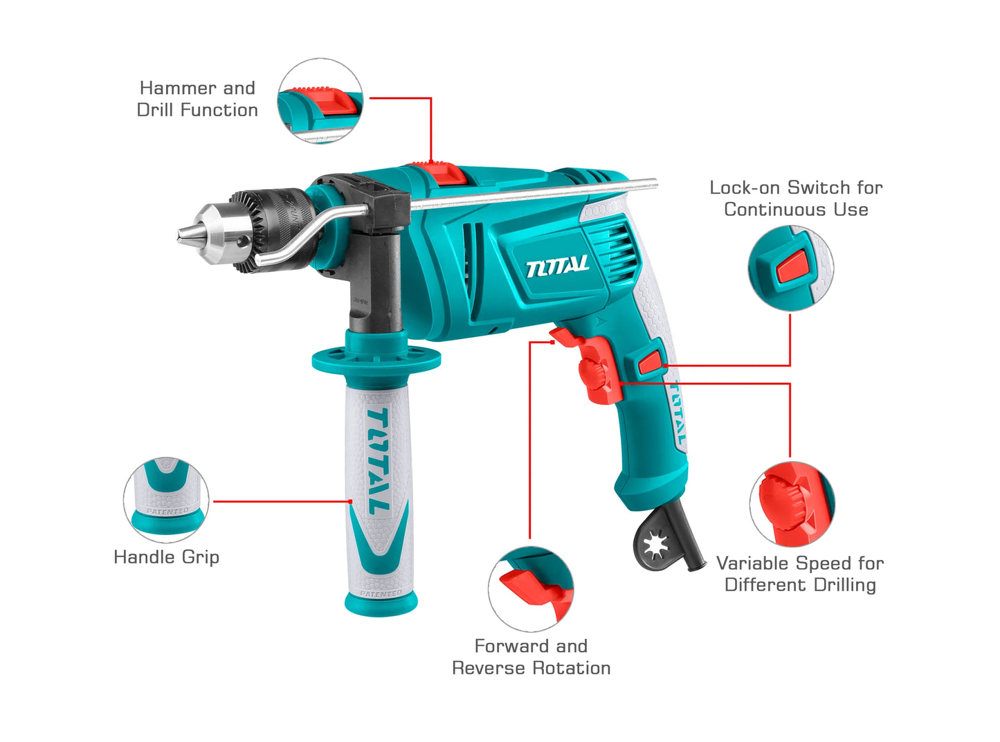 TOTAL IMPACT DRILL 850W 13MM VARIABLE SPEED